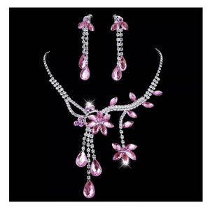 Pink Crystal Rhinestone Cubic Zirconia Teardrop Flower Necklace Earrings Set